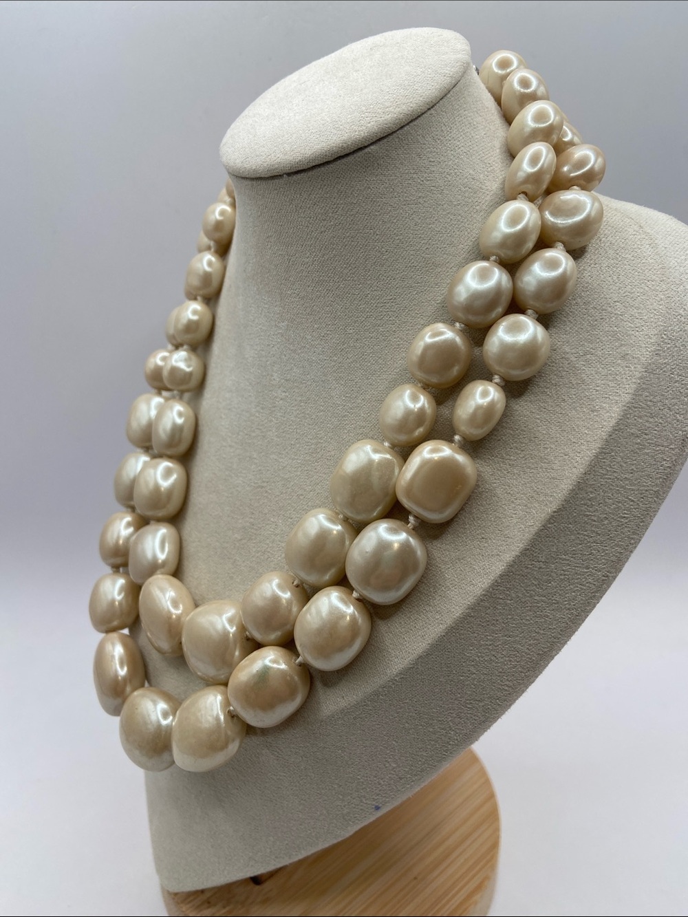 Double Strand Individually Knotted Faux Baroque Pearl Necklace 18”L Feminine - Picture 2 of 7